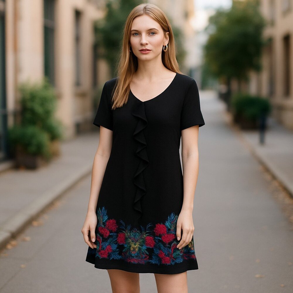 NWT Desigual Floral Ruffle Dress Black
